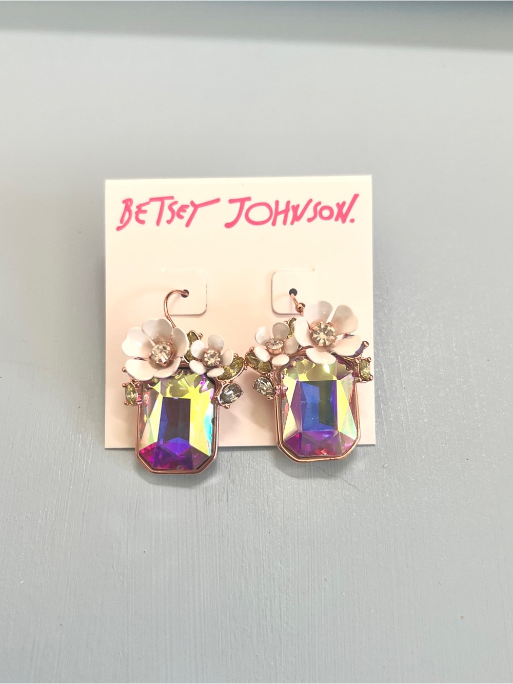 Betsey Johnson Iridescent Crystal Floral Drop Earrings